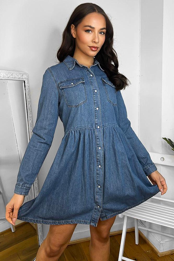 100% Cotton Blue Denim Babydoll Shirt Dress-SinglePrice