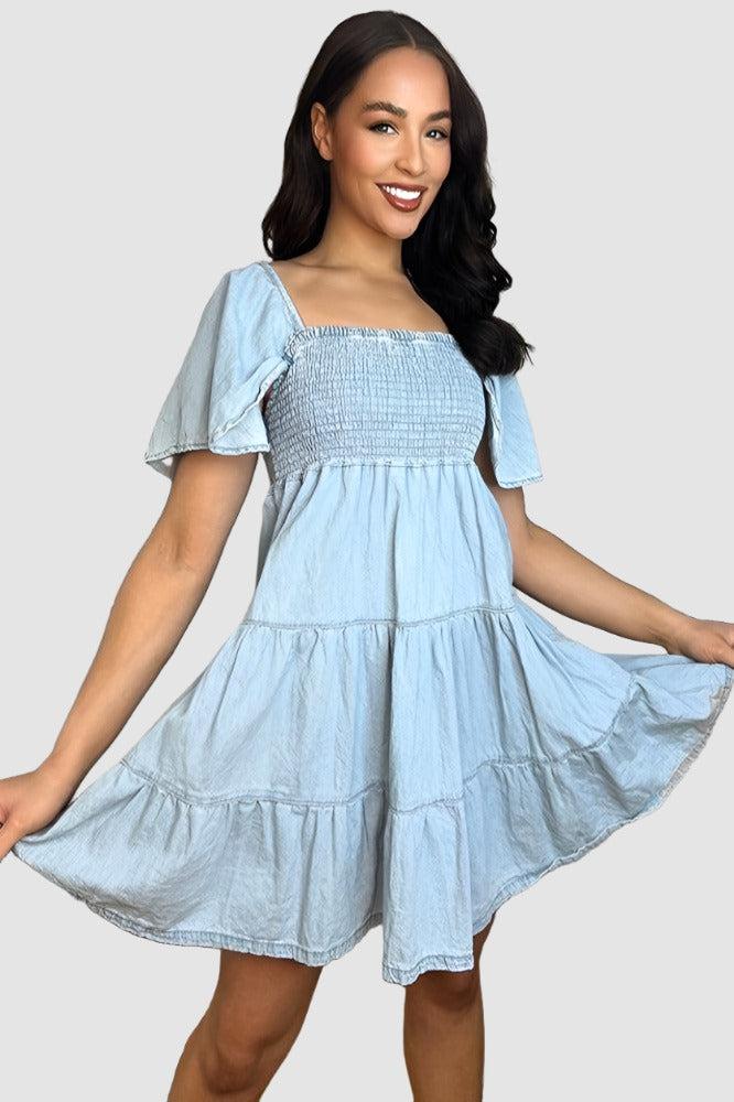 100% Cotton Light Denim Blue Milkmaid Dress-SinglePrice