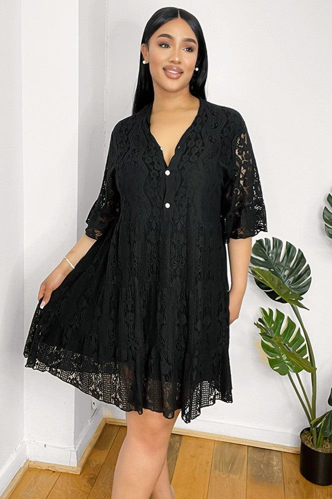 Silver Buttons Cotton Lace Swing Dress-SinglePrice