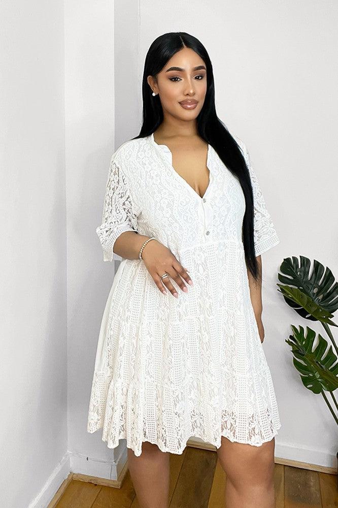 Silver Buttons Cotton Lace Swing Dress-SinglePrice