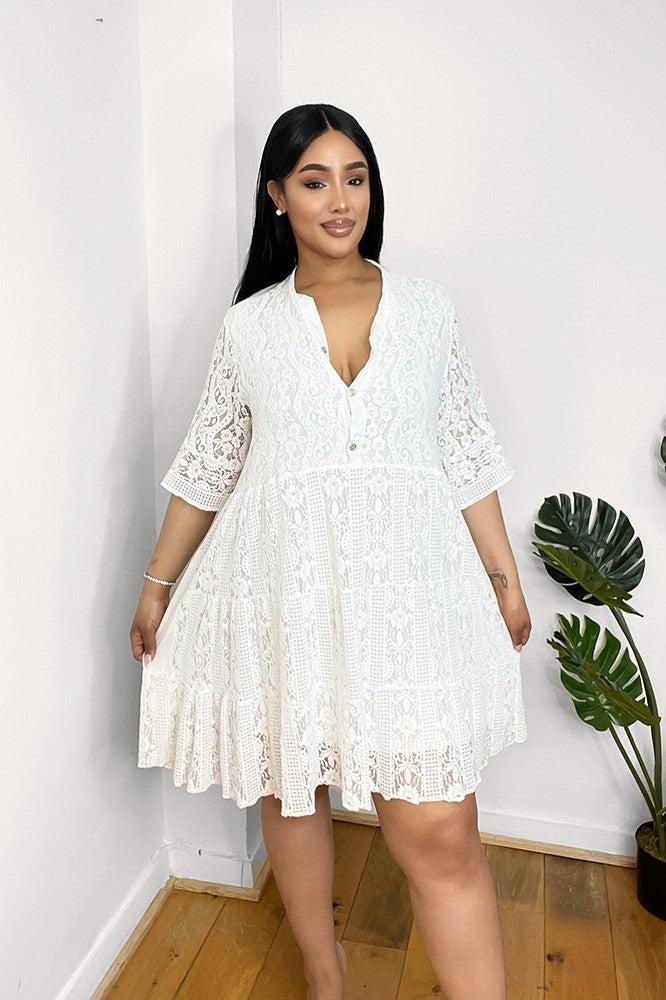 Silver Buttons Cotton Lace Swing Dress-SinglePrice