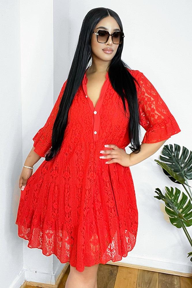 Silver Buttons Cotton Lace Swing Dress-SinglePrice