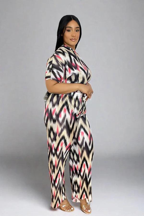 Multicolour Zig Zag Pattern Plisse Top And Trousers Set