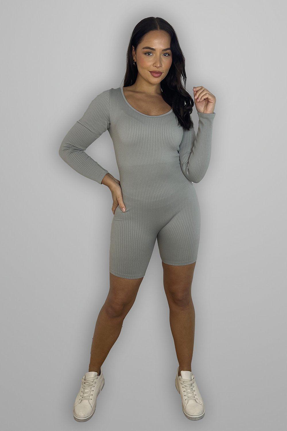 Stretchy Ribbed Fabric Square Neckline Playsuit