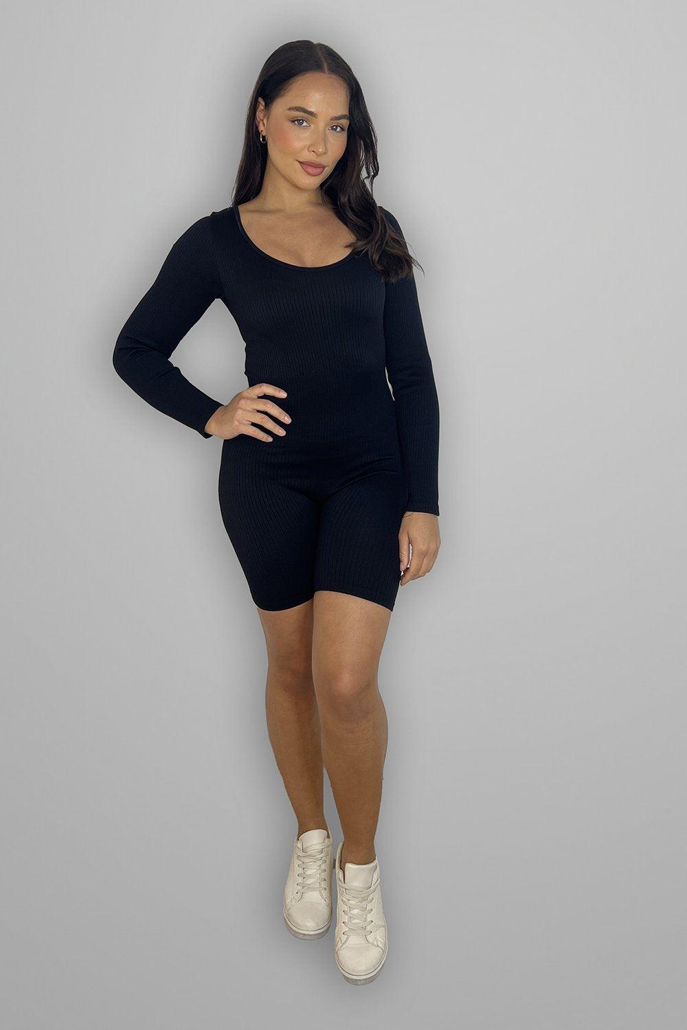 Stretchy Ribbed Fabric Square Neckline Playsuit