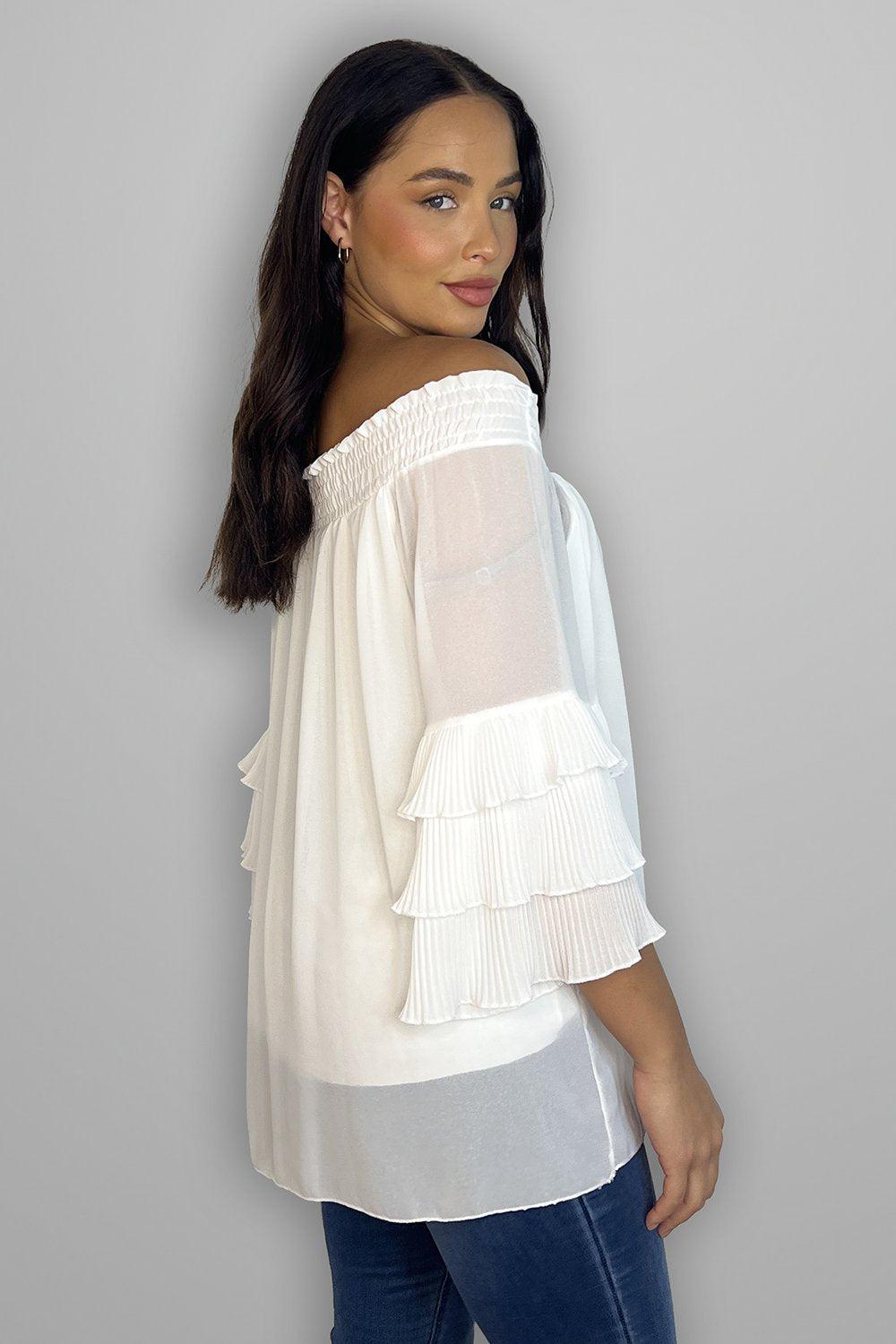 Frilled Sleeves Off Shoulder Chiffon Blouse-SinglePrice
