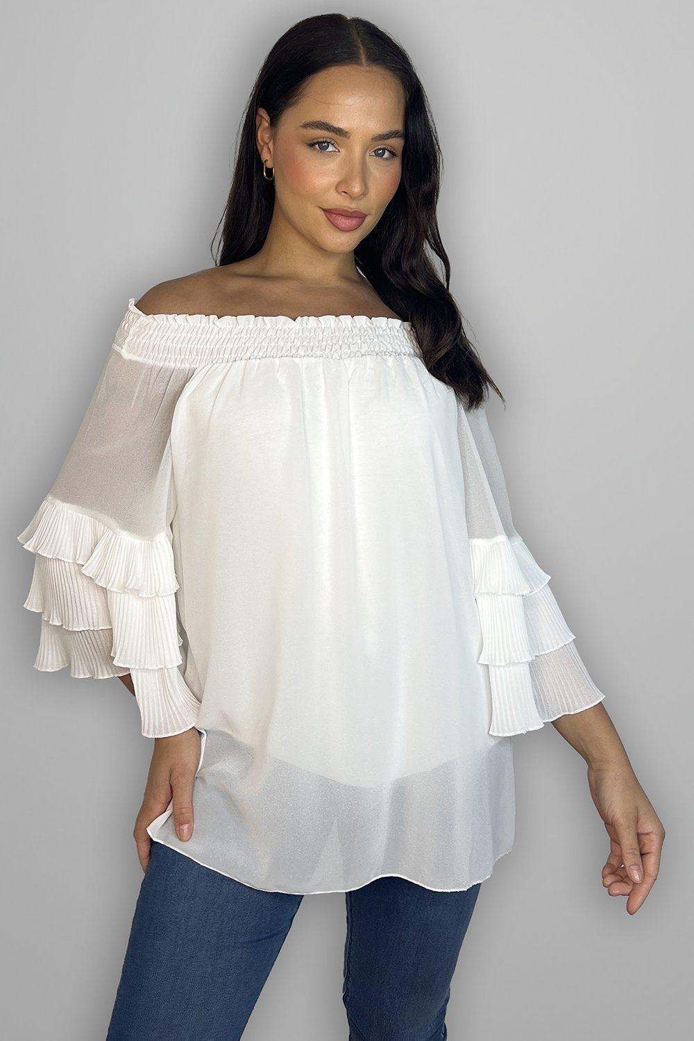 Frilled Sleeves Off Shoulder Chiffon Blouse