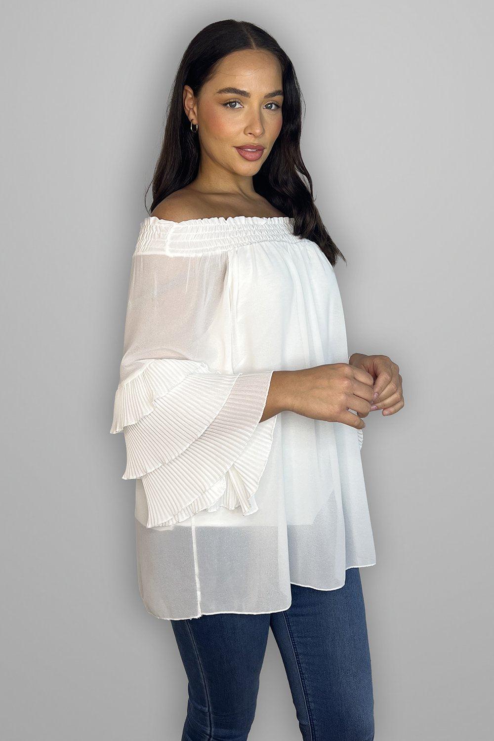 Frilled Sleeves Off Shoulder Chiffon Blouse-SinglePrice