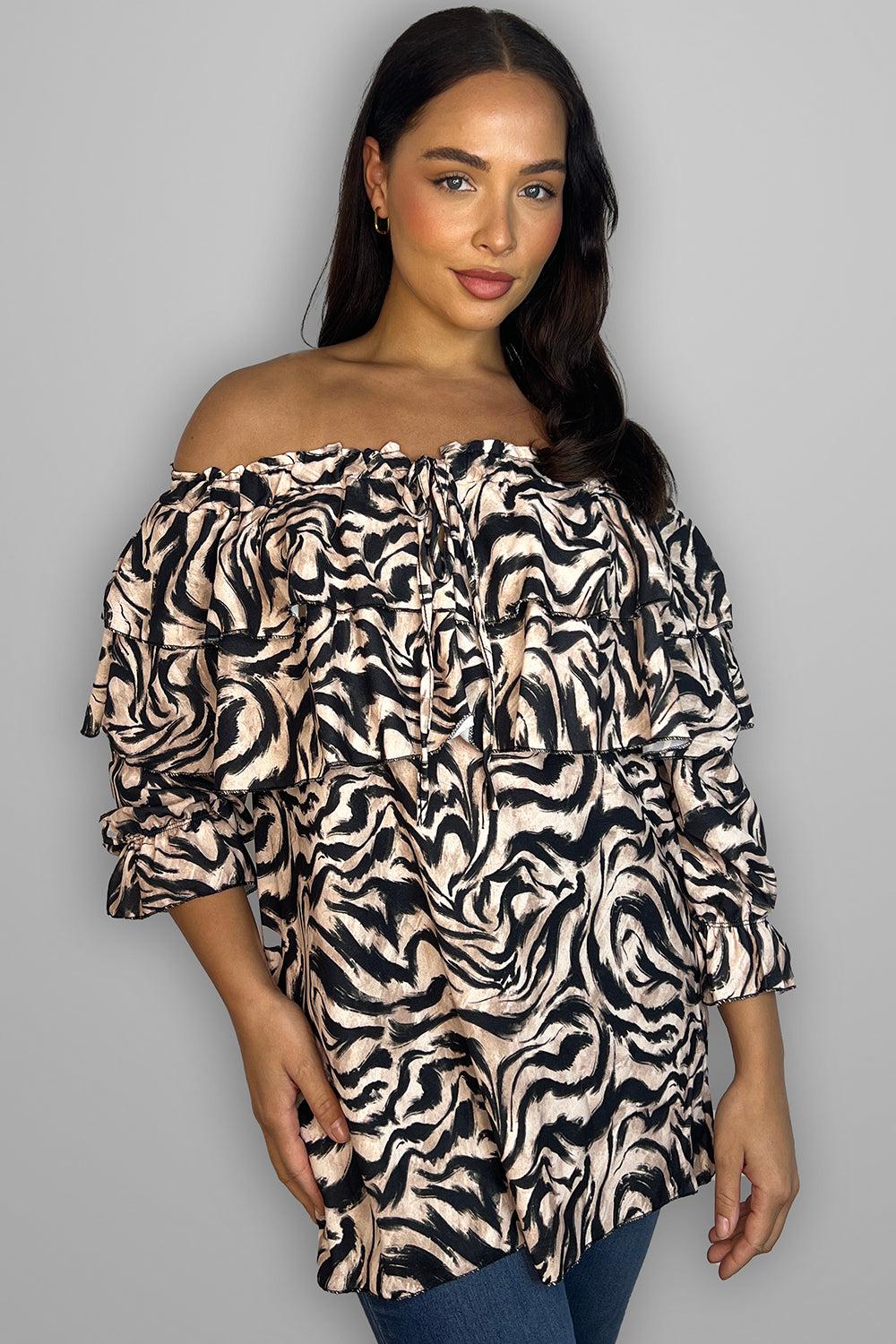 Drawstring Neckline Zebra Print Blouse-SinglePrice