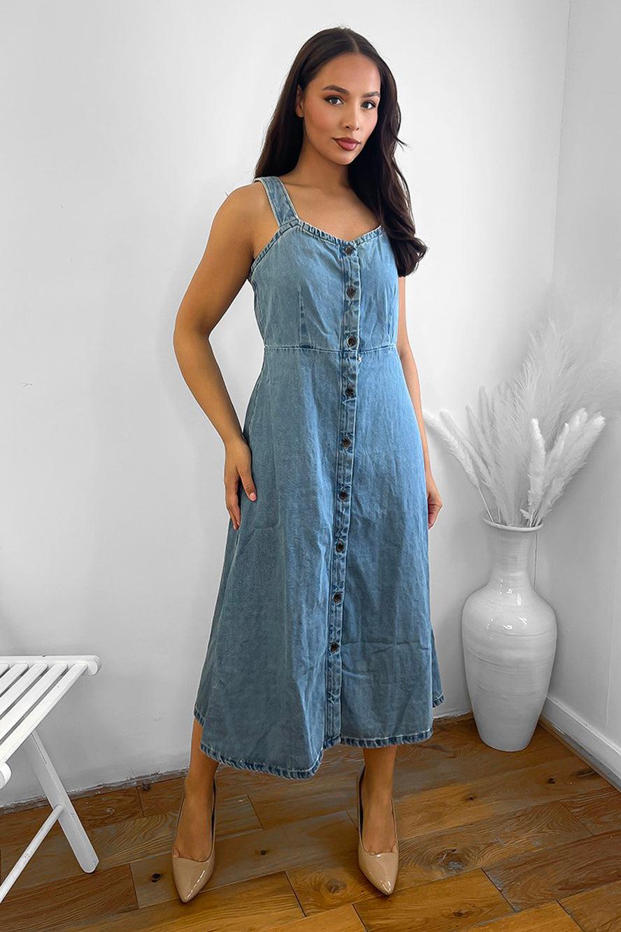 Organic Cotton Denim Sweetheart Midi Dress-SinglePrice