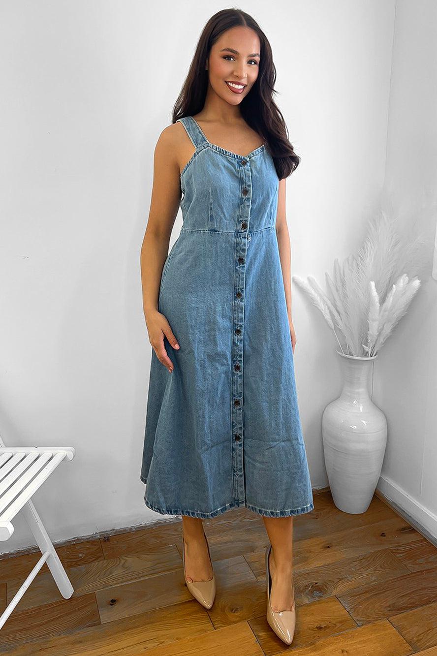 Organic Cotton Denim Sweetheart Midi Dress-SinglePrice