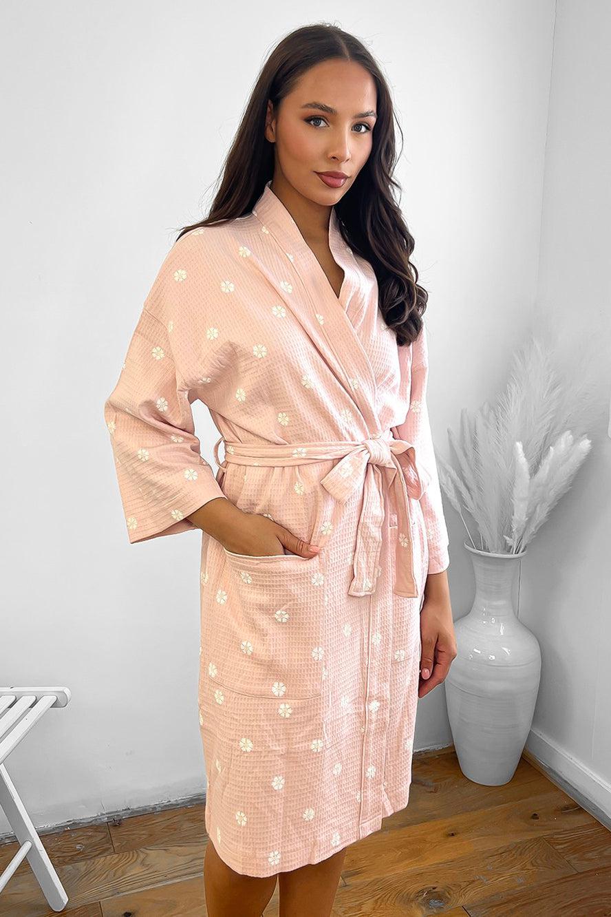 Pink 100% Cotton Waffle Fabric Mini Dressing Gown-SinglePrice