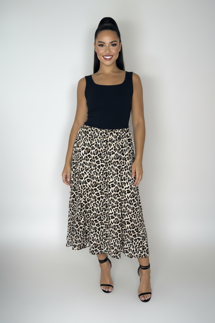 Sleeveles Colour Block Leopard Print Long Flowy Summer Dress-SinglePrice