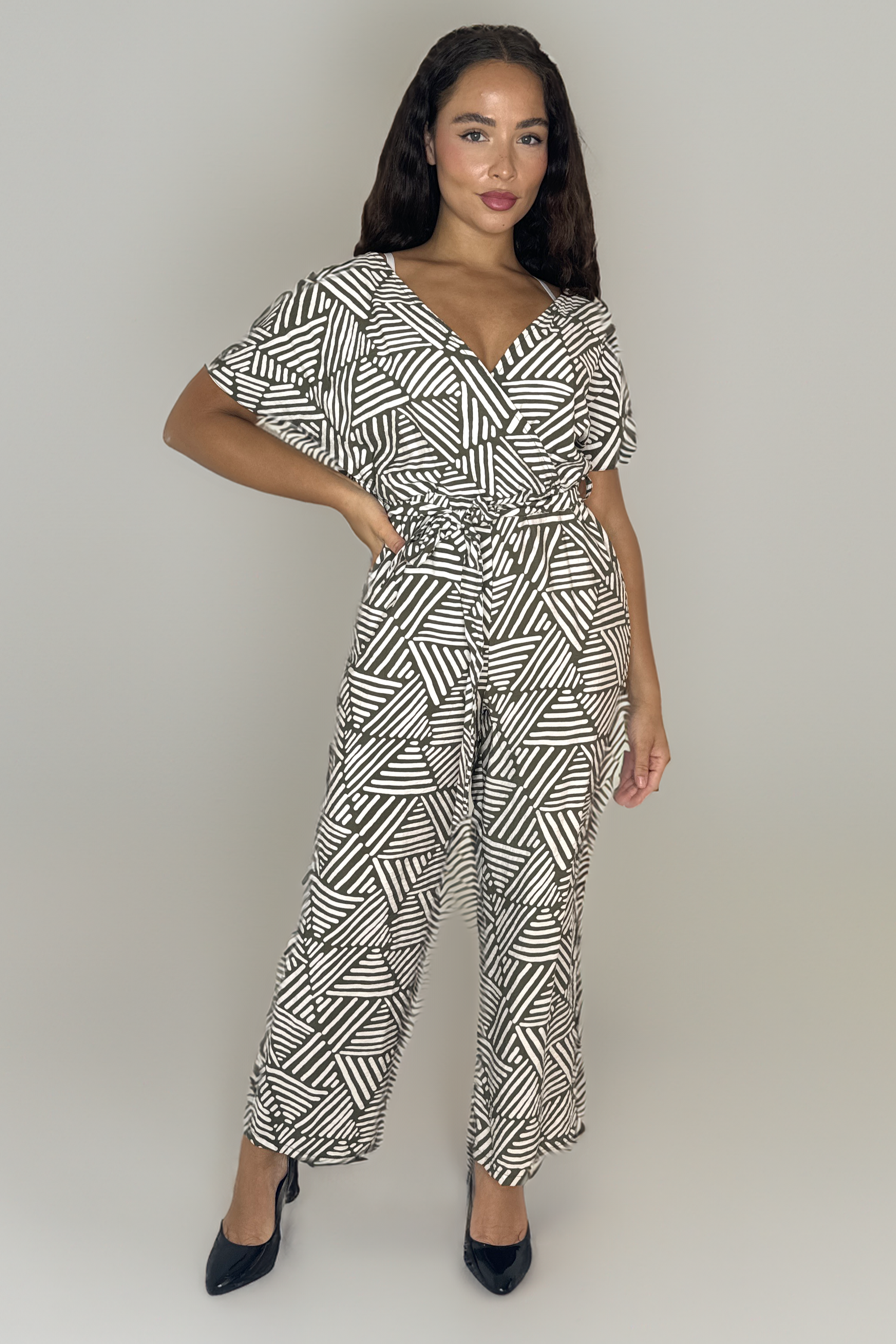 Low-Cut Short Sleeve Tie Waist Straight Leg Viscose Blend All Over Print Jumpsuit-SinglePrice