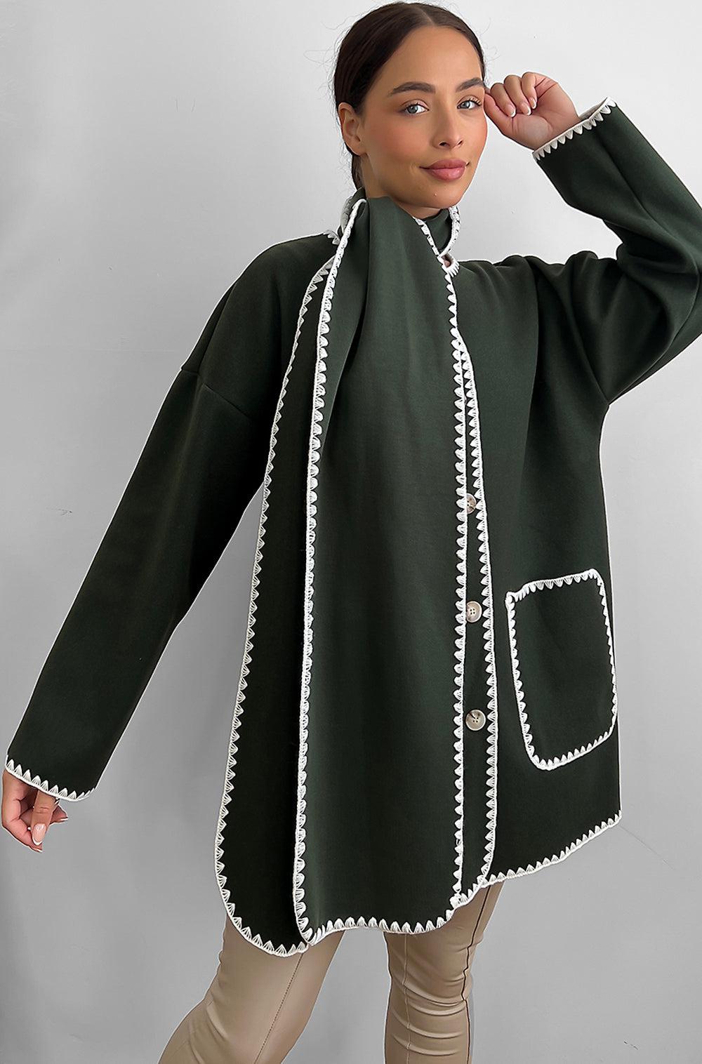 Contrast Stitch Felt Cardigan Coat With Scarf-SinglePrice