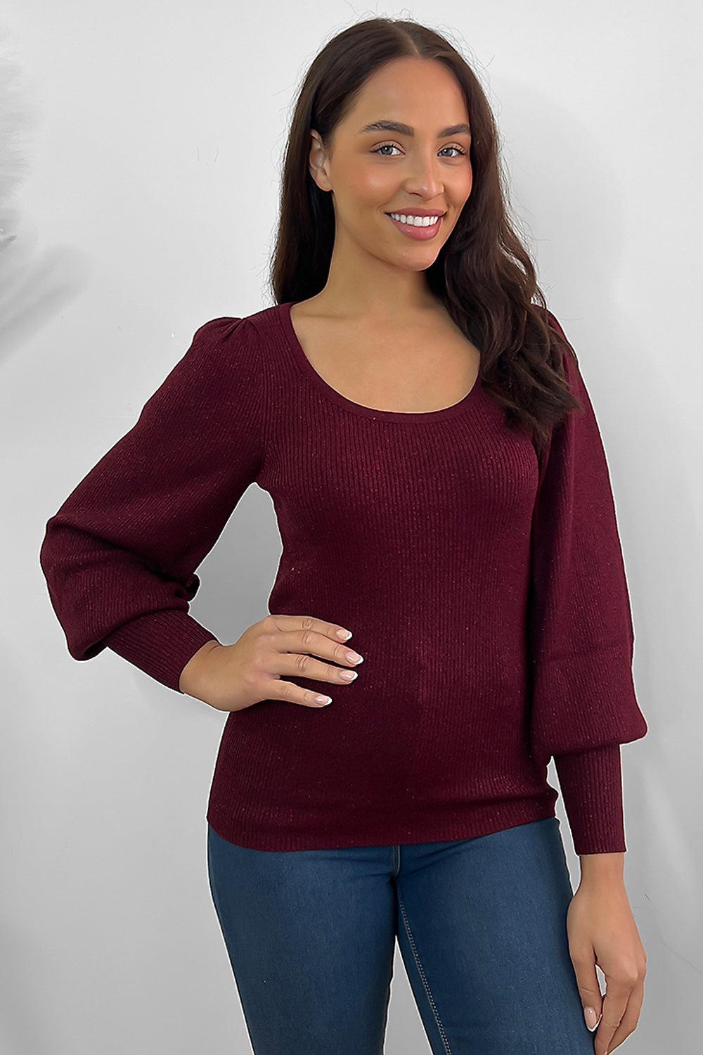 Lantern Sleeves Scoop Neck Pullover-SinglePrice