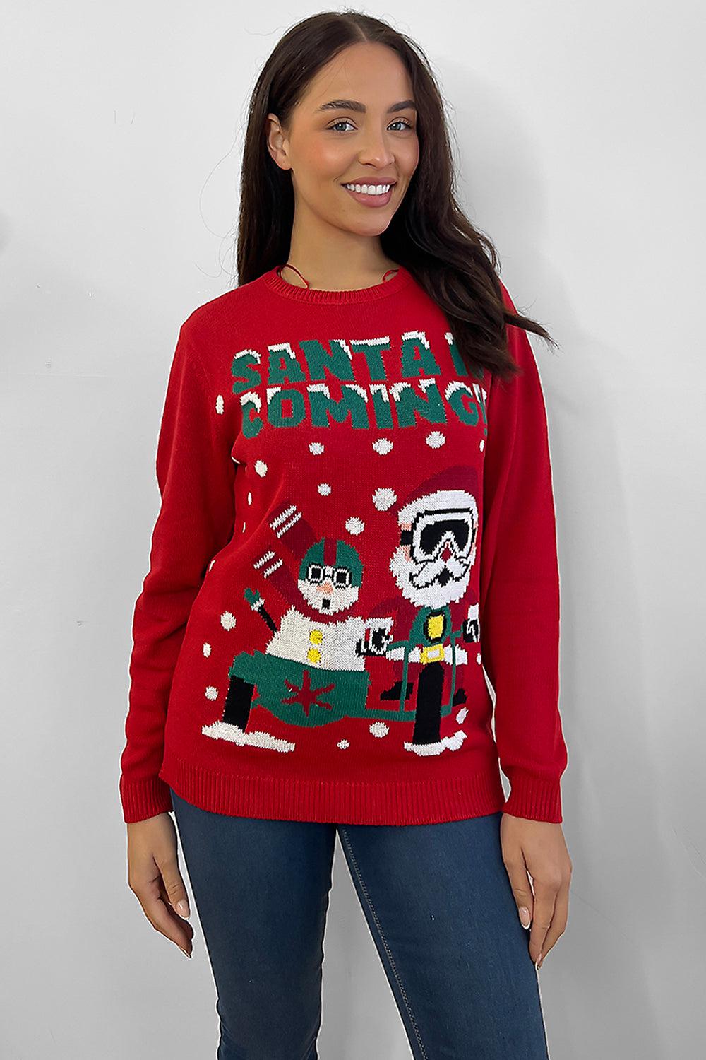 Red Santa Is Coming Slogan Christmas Pullover-SinglePrice