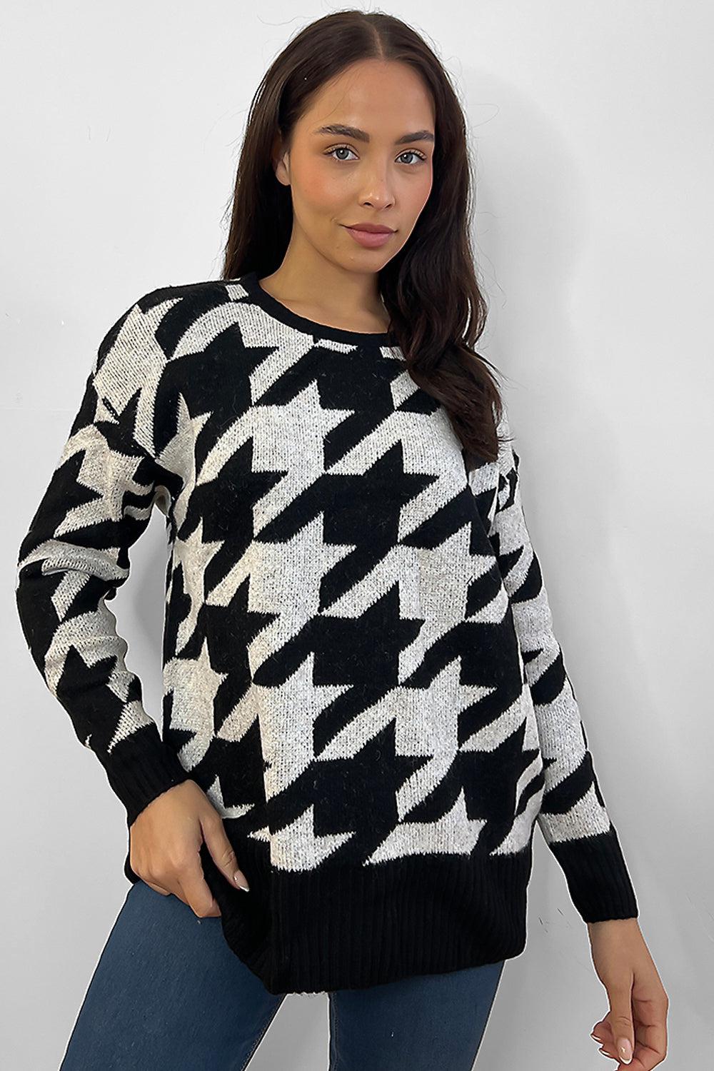 Black White Dogtooth Pattern Pullover-SinglePrice