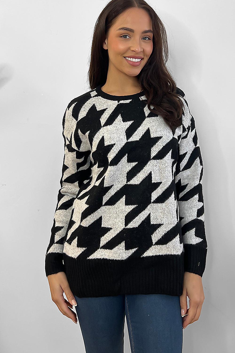 Black White Dogtooth Pattern Pullover-SinglePrice
