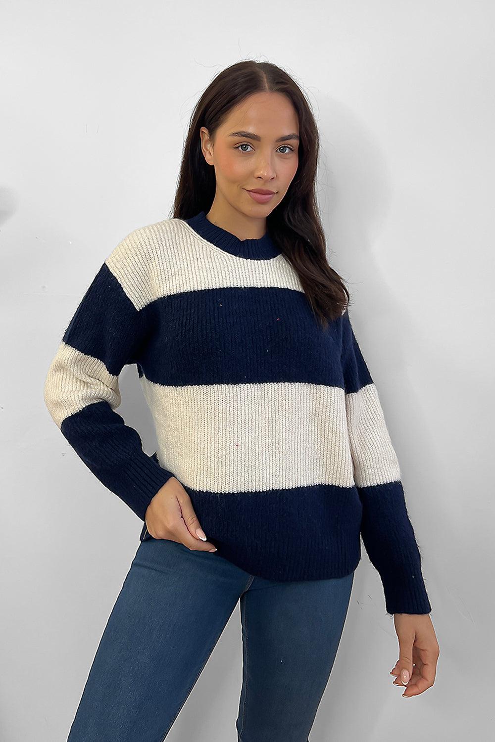 Navy Off White Large Stripes Pullover-SinglePrice