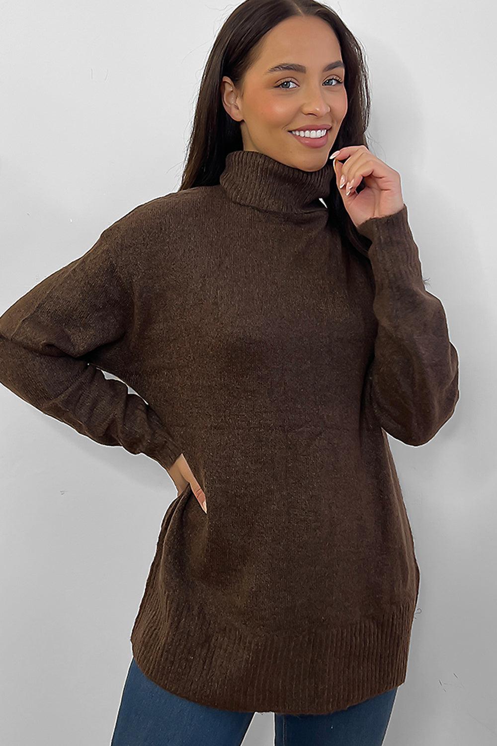 Brown High Turtle Neck Oversized Pullover-SinglePrice