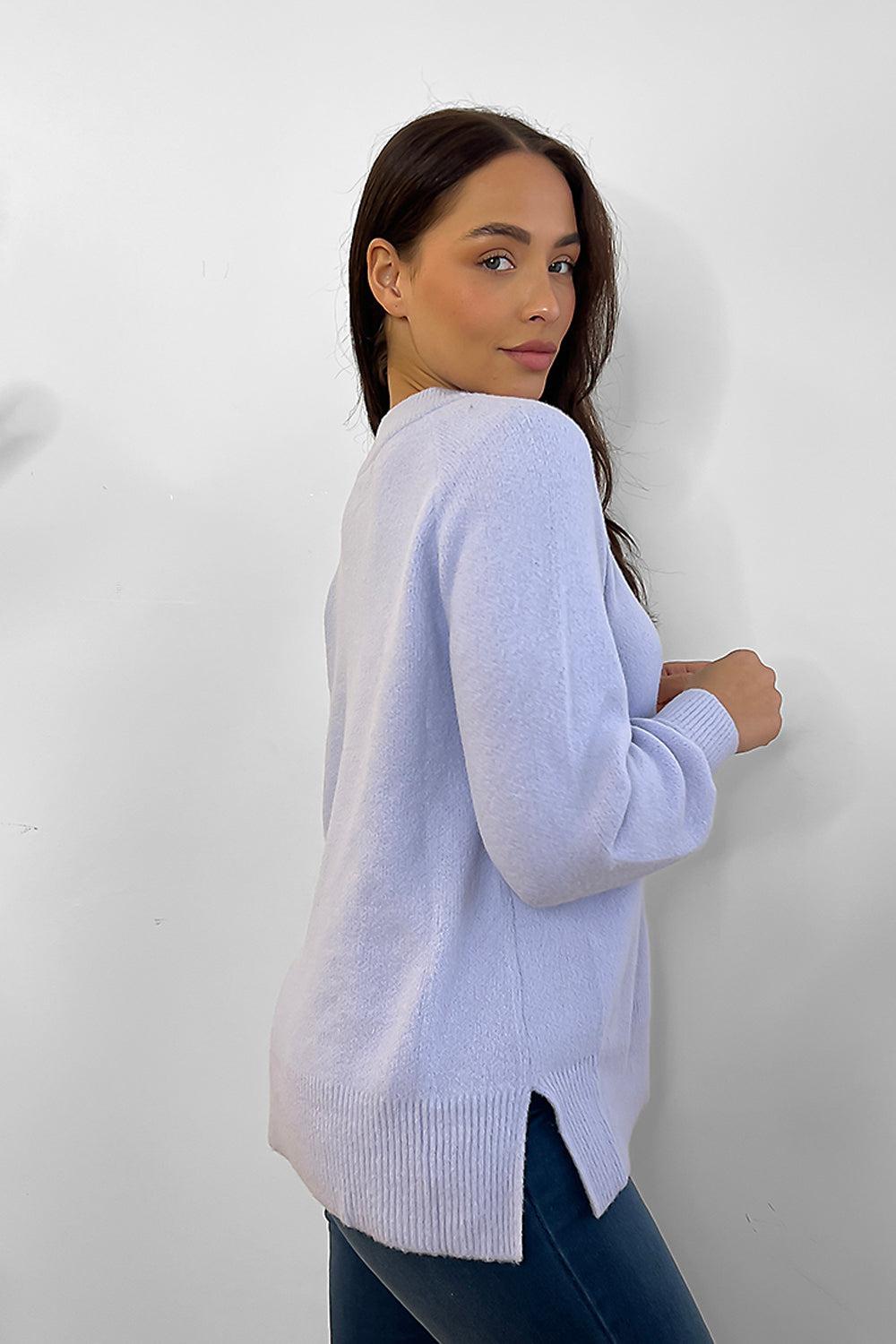 Sky Blue Round Neckline Side Splits Pullover-SinglePrice