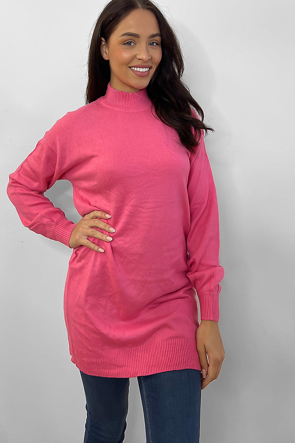 Hot Pink High Neck Oversized Longline Pullover-SinglePrice