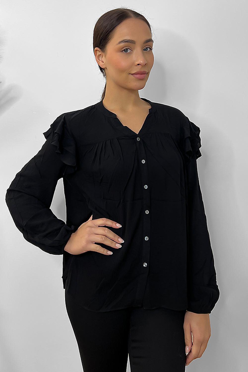 Black Frilled Details Grandad Collar Shirt-SinglePrice