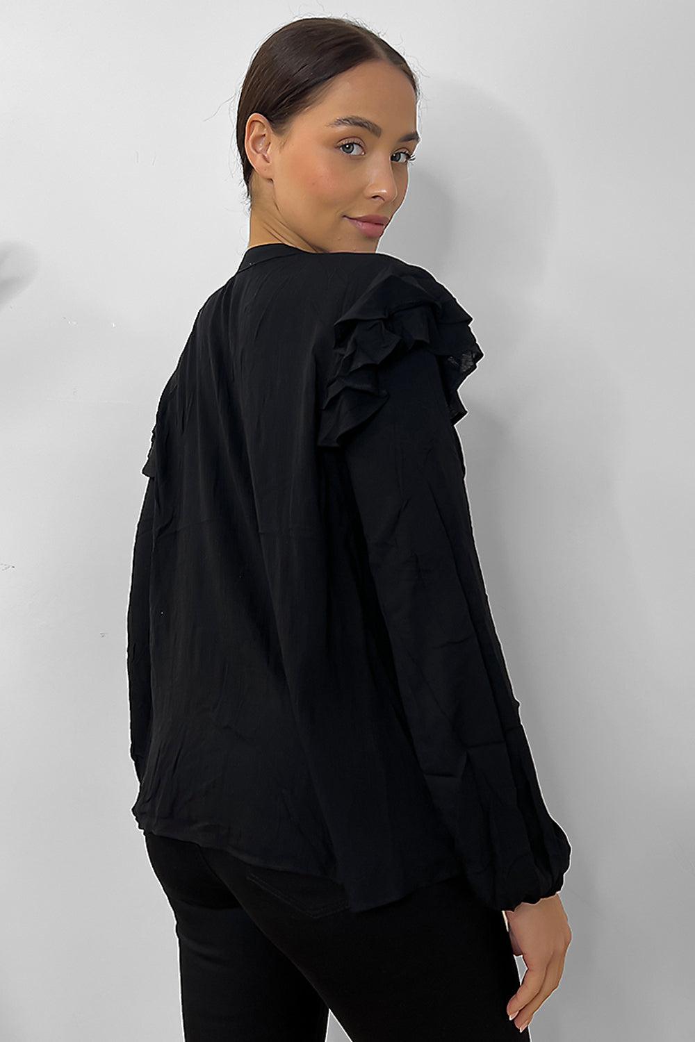 Black Frilled Details Grandad Collar Shirt-SinglePrice