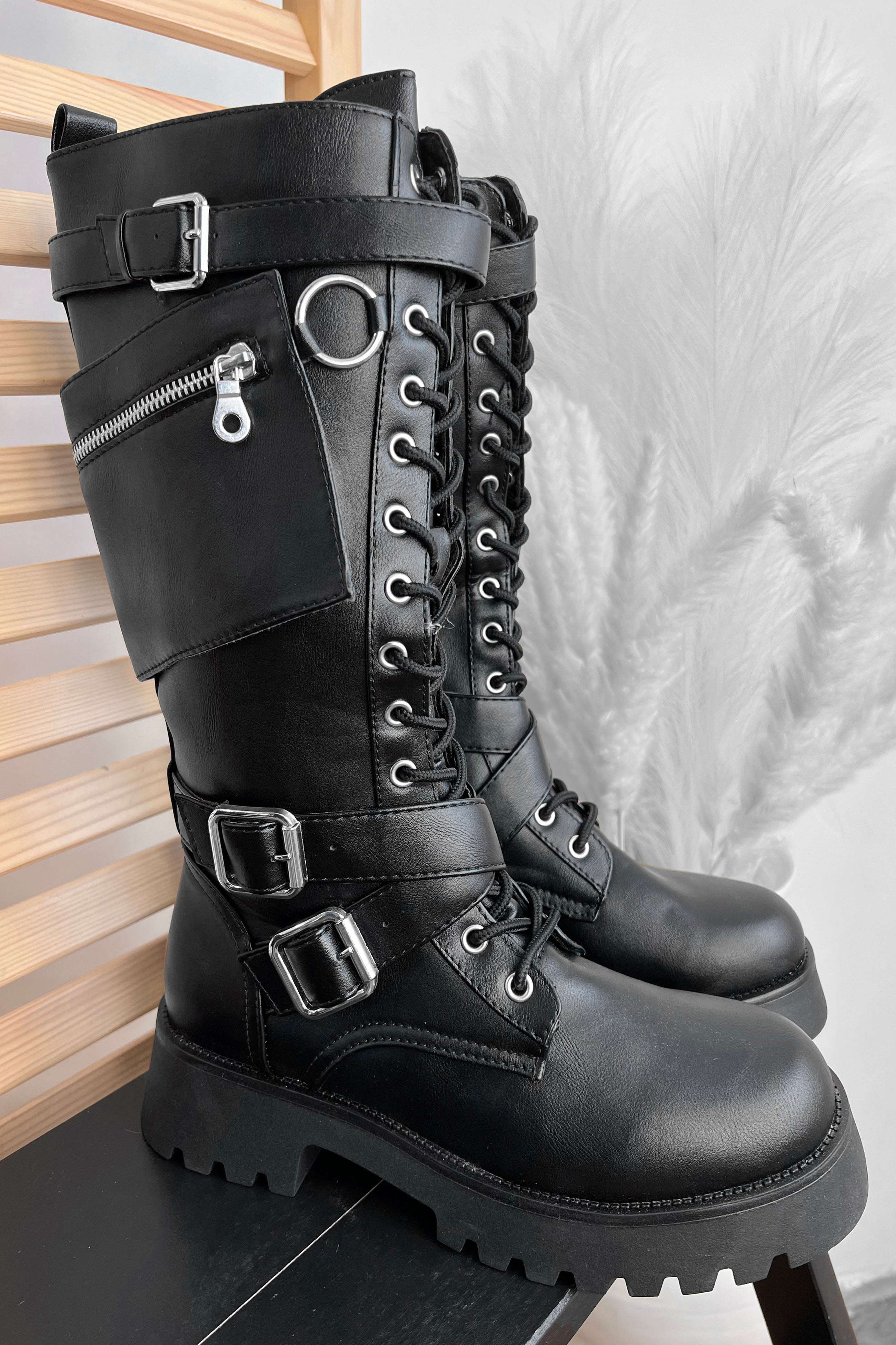 Black Pockets And Metal Detail Tall Boots-SinglePrice