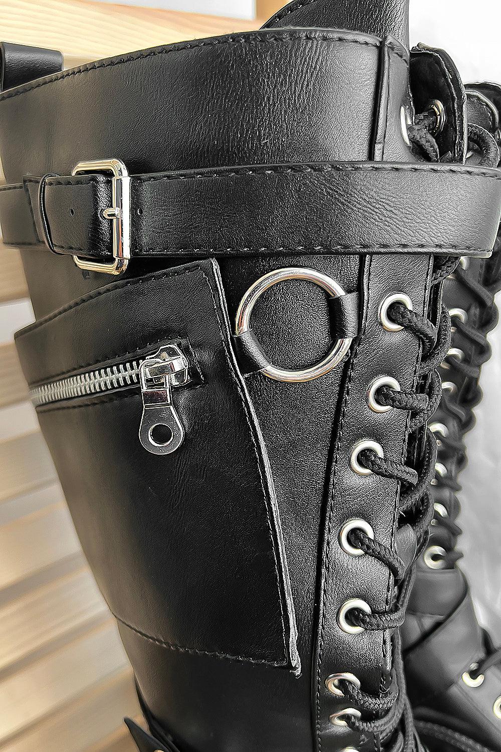 Black Pockets And Metal Detail Tall Boots-SinglePrice