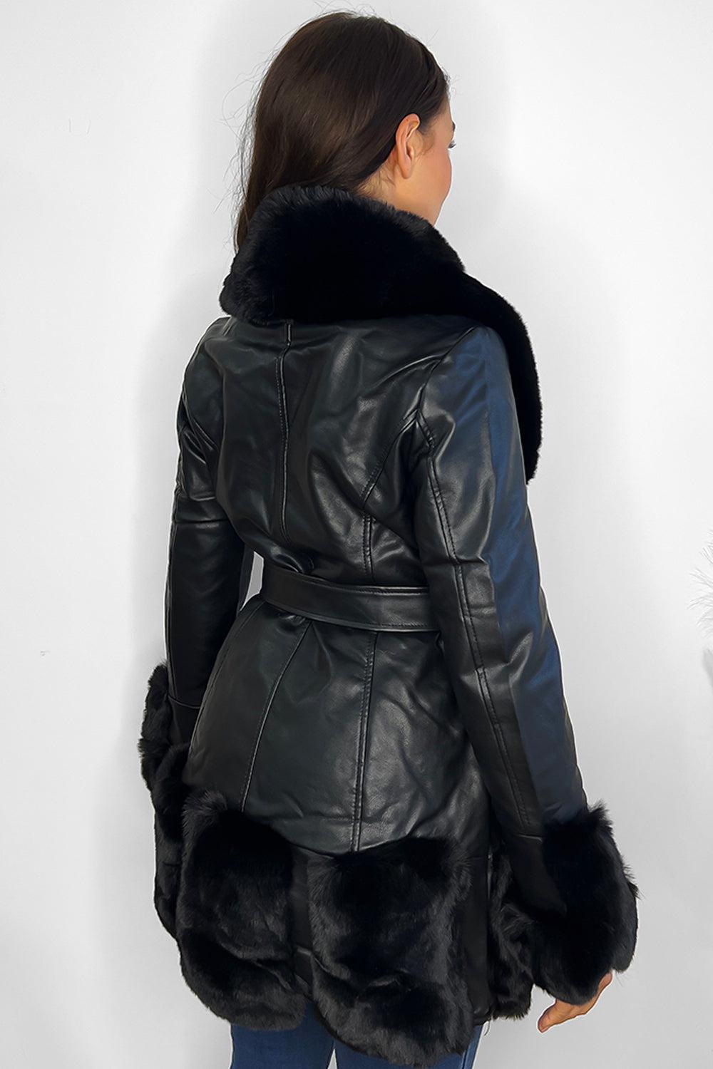 Faux Fur And Vegan Leather Waist Tie Deep Plunge Jacket-SinglePrice