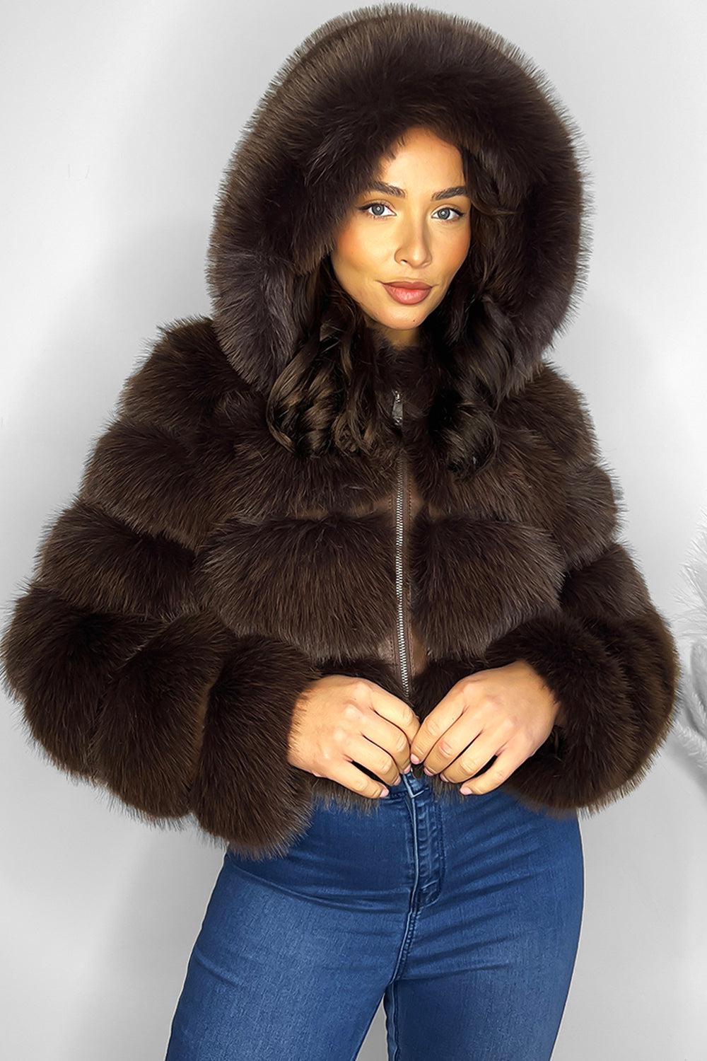 Faux Fur and Vegan Leather Stripes Hooded Cropped Jacket-SinglePrice