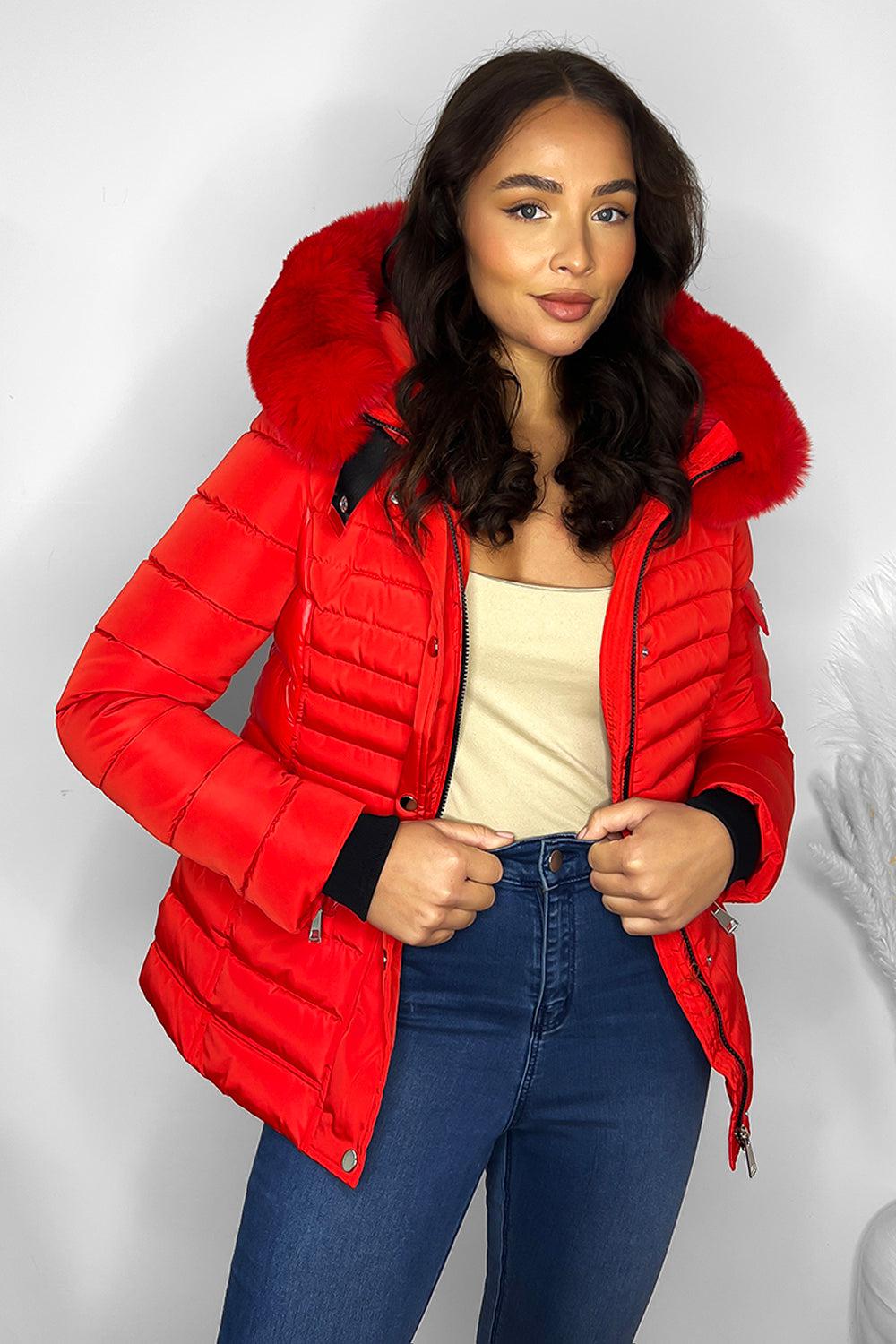 Faux Fur Trimmed Hoodie Belted And Quilted Winter Jacket-SinglePrice