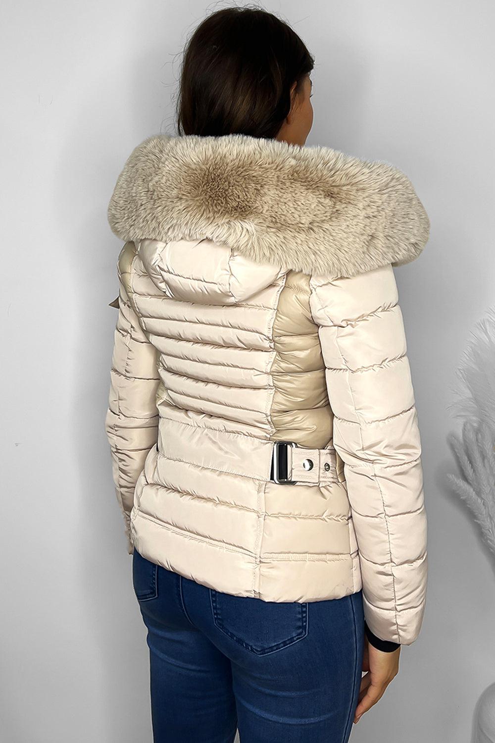 Faux Fur Trimmed Hoodie Belted And Quilted Winter Jacket-SinglePrice