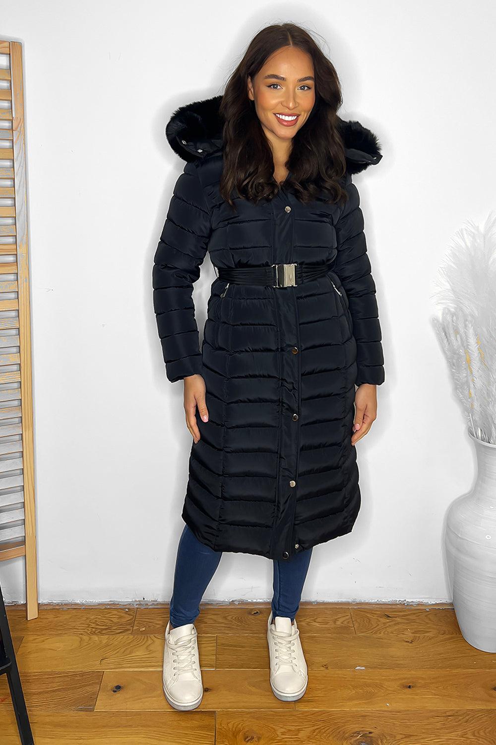 Faux Fur Trimmed Hood Quilted And Belted Shimmer Long Padded Coat-SinglePrice
