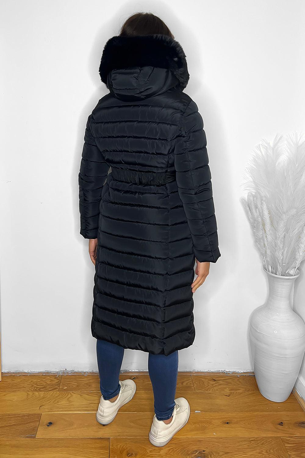 Faux Fur Trimmed Hood Quilted And Belted Shimmer Long Padded Coat-SinglePrice