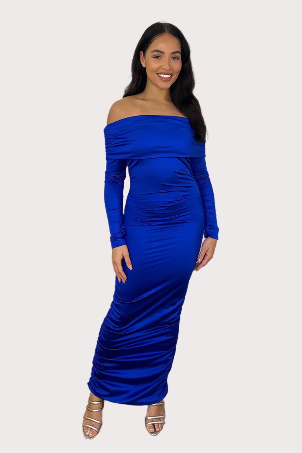 Ruched Satin Off Shoulder Maxi Dress-SinglePrice