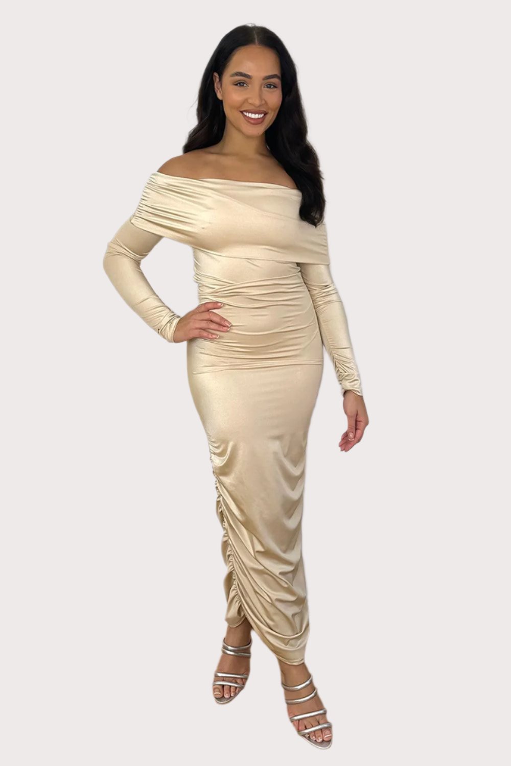 Ruched Satin Off Shoulder Maxi Dress-SinglePrice