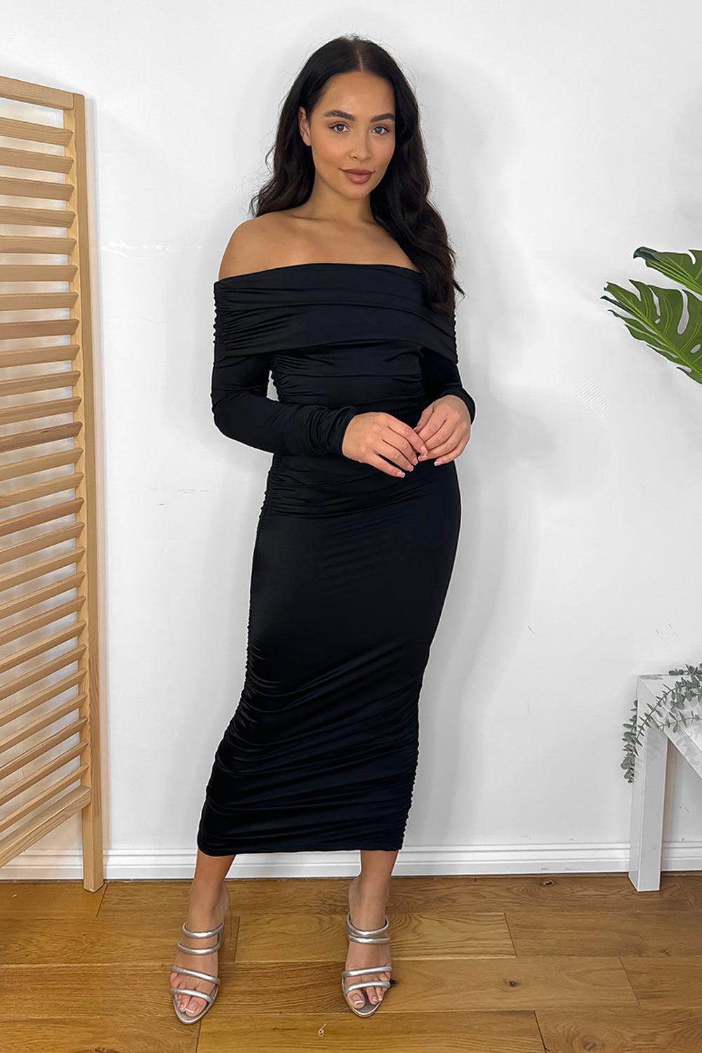 Ruched Satin Off Shoulder Maxi Dress-SinglePrice