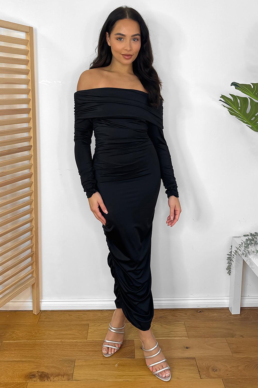 Ruched Satin Off Shoulder Maxi Dress-SinglePrice