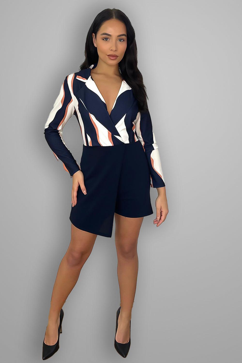 Contrast Print Asymmetric Hem Blazer Playsuit