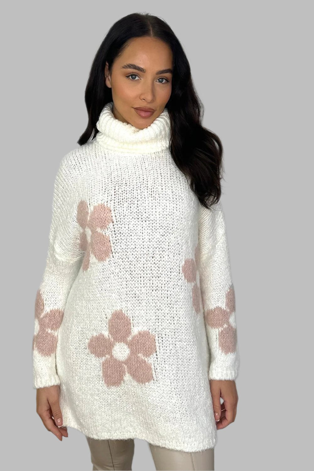 High Neck Super Soft Knit Floral Pattern Pullover-SinglePrice