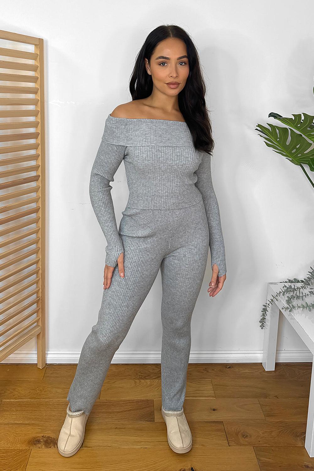 Knitted Bardot Top And Wide Leg Trousers Set-SinglePrice