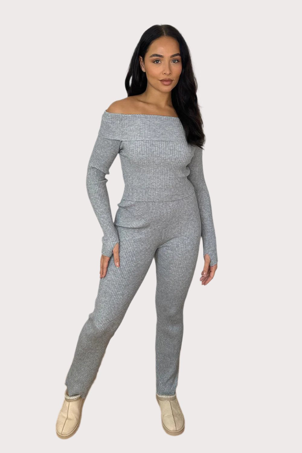 Knitted Bardot Top And Wide Leg Trousers Set-SinglePrice