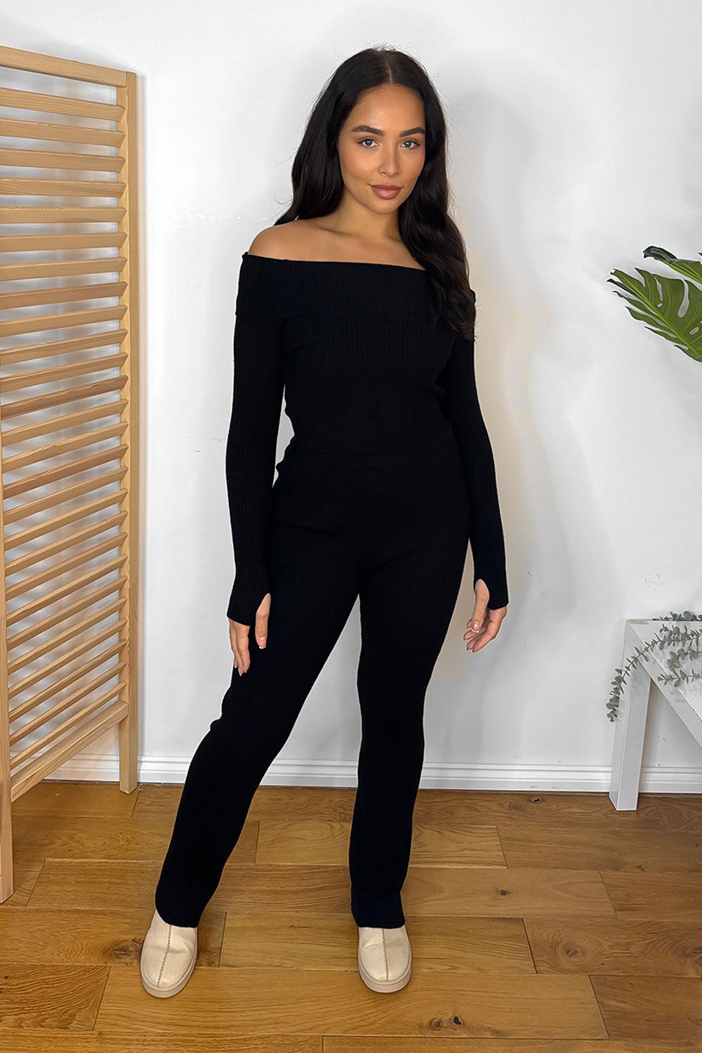 Knitted Bardot Top And Wide Leg Trousers Set-SinglePrice