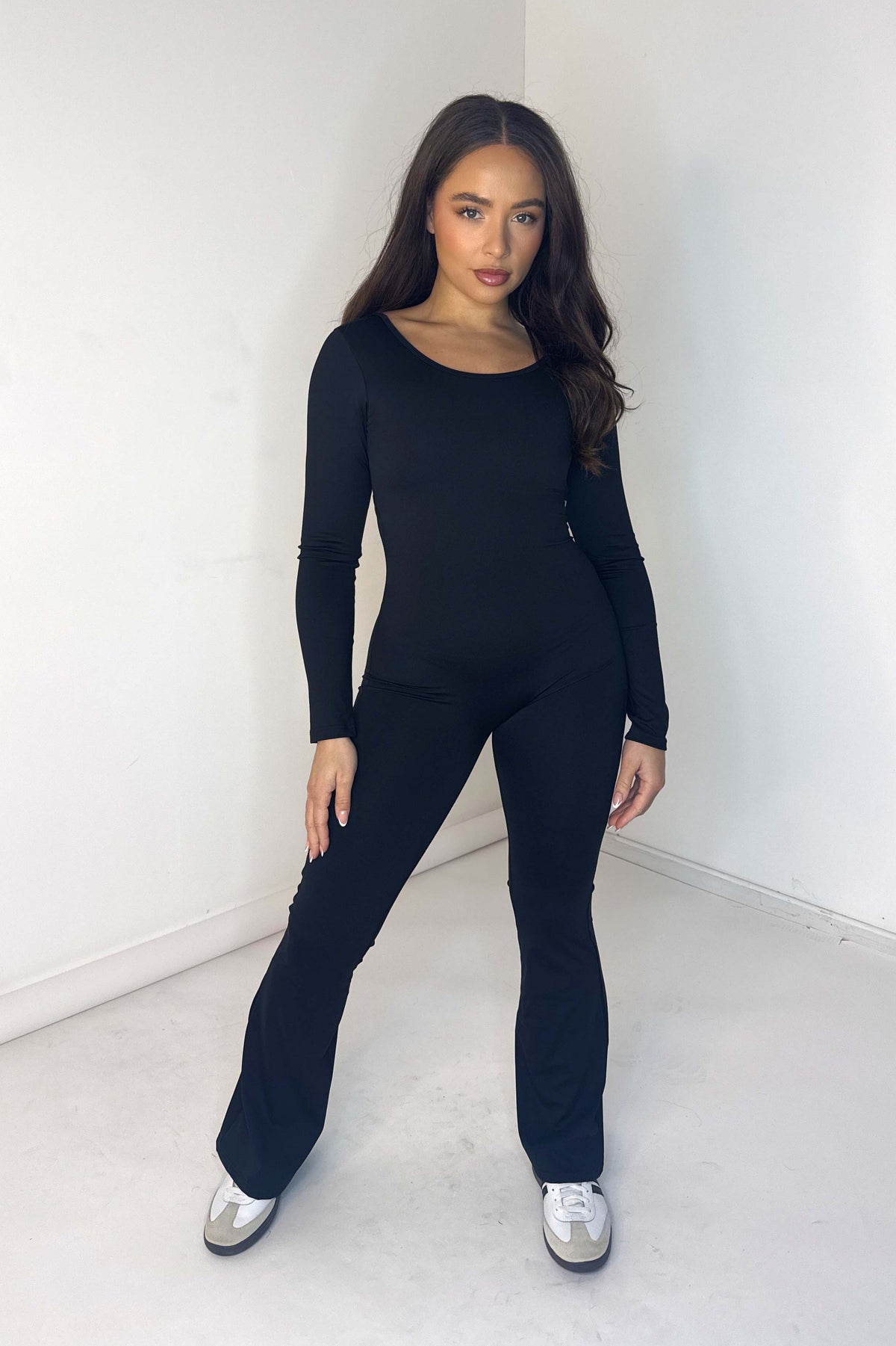 Cut Out Back Flare Leg Ruched Activewear Jumpsuit