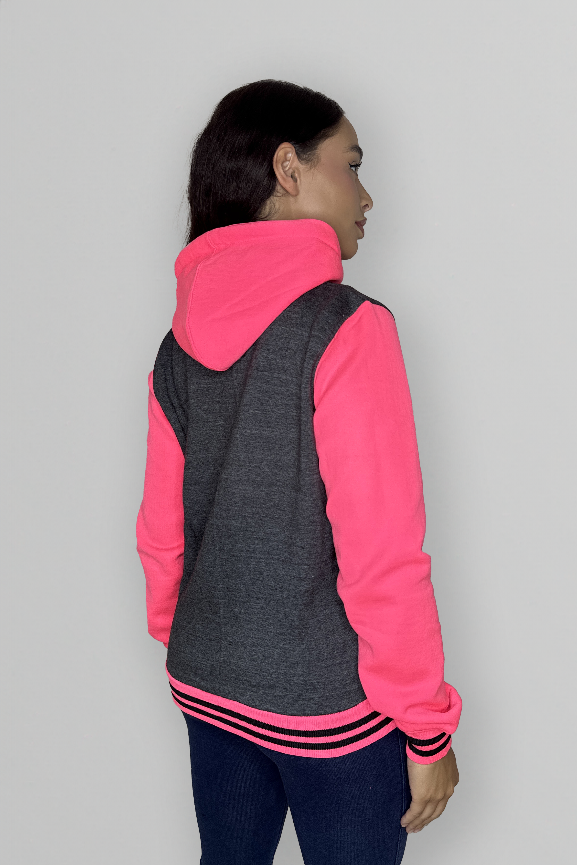 Colour Block Stripe Hem Patched Hooded Fleece Varsity Jacket-SinglePrice