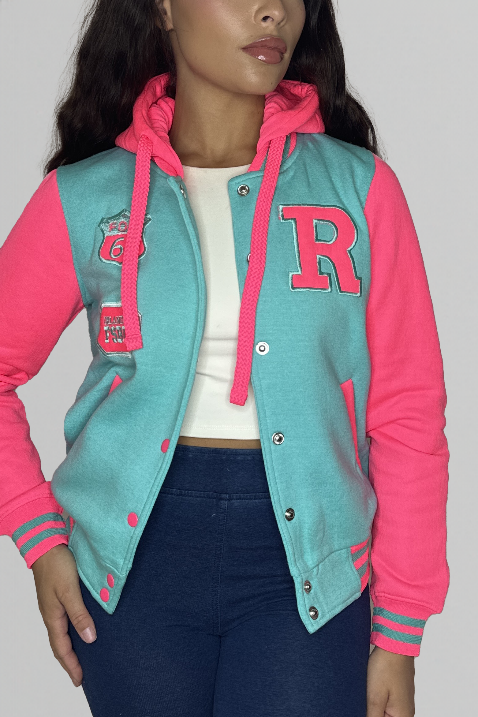 Colour Block Stripe Hem Patched Hooded Fleece Varsity Jacket-SinglePrice