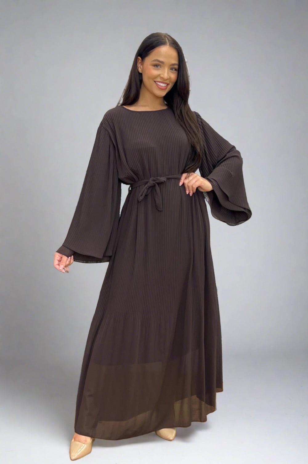 Double Layered Sleeves Plisse Modest Dress